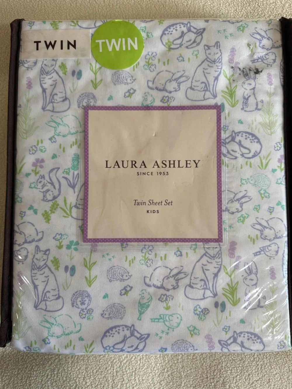 Laura Ashley Twin Sheet Set - White with Blue, Green, Purple Animal Print - Picture 3 of 7